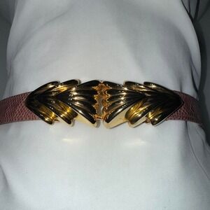 Vintage Sculptural Gold‎ Art Deco Belt Blush Leather Adjustable